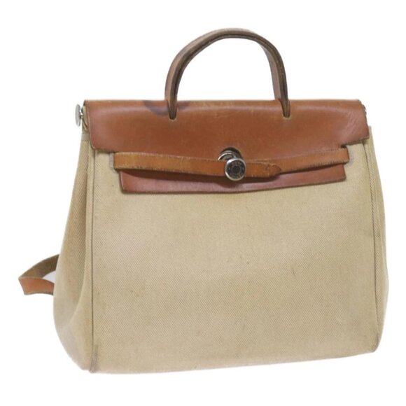 HERMES Her Bag Ad Backpack Coated Canvas Beige Brown - Picture 1 of 15